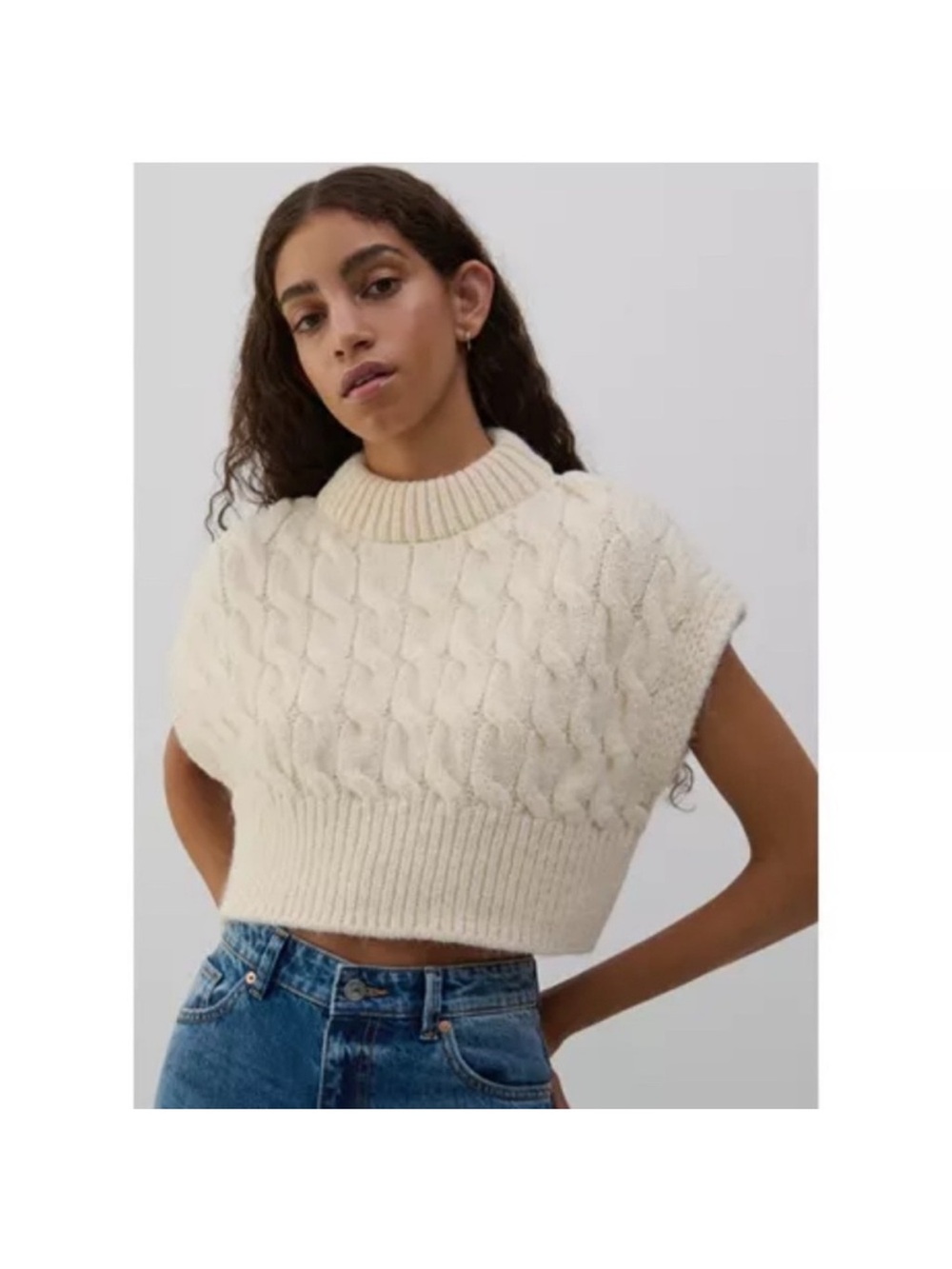 Zara Ivory Cable-Knit Cropped Short Sleeve Sweater Vest